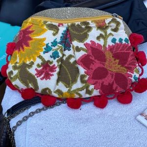 Mini pouch colorful with Pom Pom trim. White k m brand.